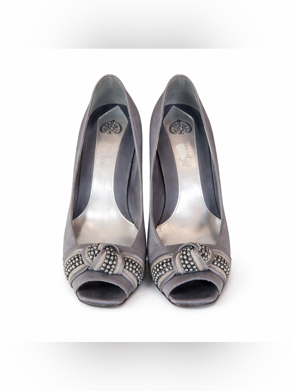 J. Renée Gray Satin Heels | Size 6M | Glam Beaded Peep Toe